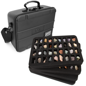 CASEMATIX Rock Collection Travel Case with Programmable Lock - 144 Slot Rock Collection Box with Four Trays, Crystal Storage Case with Shoulder Strap