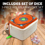 CASEMATIX Mimic Tome Dice Chest and Dice Case with 7 Included RPG Dice - Plush Dice Bag with Zipper Closure and Carabiner for 250 DnD Tabletop Dice