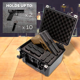 CASEMATIX Two Gun Hard Case for 2 Handguns and 10 Pistol Magazine Storage Case - Waterproof 2 Pistol Hard Case With Removable Accessory Area Storage