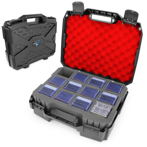 CASEMATIX Top Loader Card Storage Case for Trading Cards Fits 450 3" x 4" 35pt Toploaders or 100 One Touch Card Holders, Hard Shell Toploader Storage Box With 12 Card Case Dividers and Red Foam