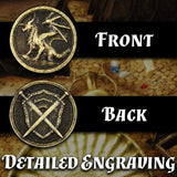 CASEMATIX Metal Coins and Carrying Pouch for Tabletop RPG Board Games - 100 Count DND Coins Fantasy Coins with Dragons & Sword and Shield Engraving