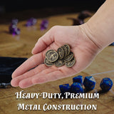 CASEMATIX Metal Coins and Carrying Pouch for Tabletop RPG Board Games - 100 Count DND Coins Fantasy Coins with Dragons & Sword and Shield Engraving