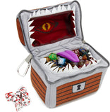 CASEMATIX Mimic Dice Chest and Dice Jail with 7 Included RPG Dice - 6.5" Plush Mimic Chest Dice Bag with Zipper Closure and Carabiner for 150 Dice