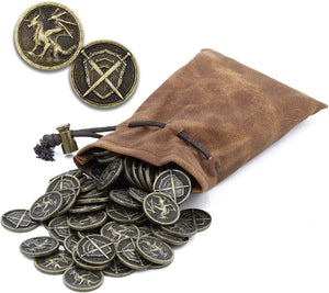 CASEMATIX Metal Coins and Carrying Pouch for Tabletop RPG Board Games - 100 Count DND Coins Fantasy Coins with Dragons & Sword and Shield Engraving