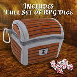 CASEMATIX Mimic Dice Chest and Dice Jail with 7 Included RPG Dice - 6.5" Plush Mimic Chest Dice Bag with Zipper Closure and Carabiner for 150 Dice